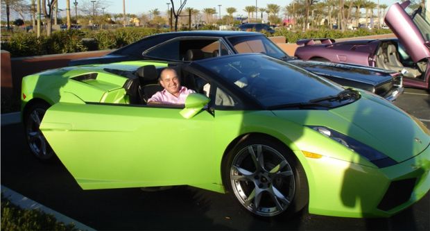 Sahar Sarid styling in a lime green Lamborghini